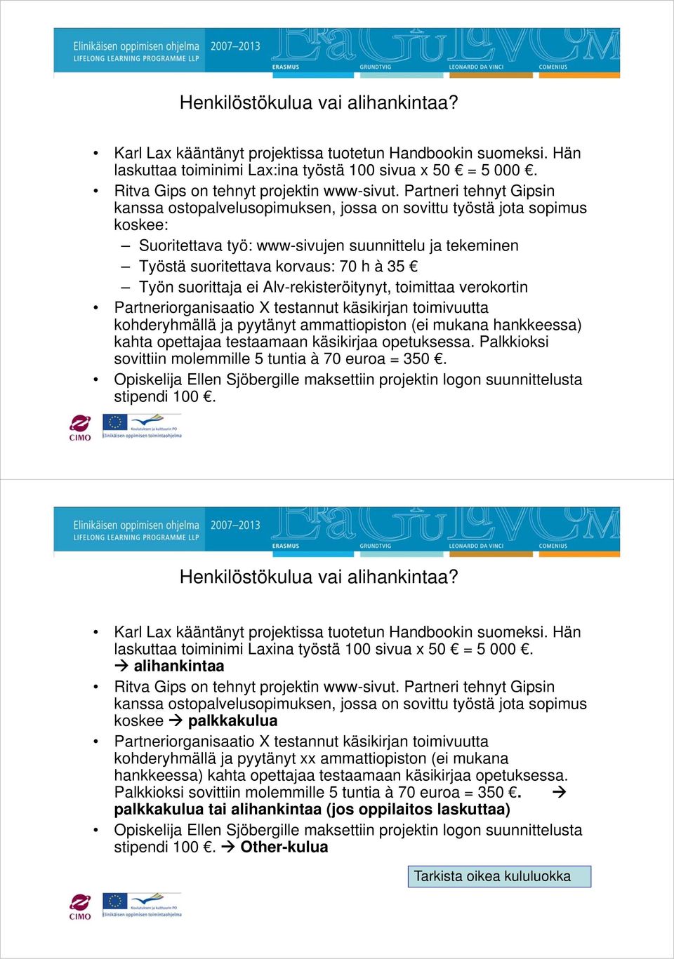 suorittaja ei Alv-rekisteröitynyt, toimittaa verokortin Partneriorganisaatio X testannut käsikirjan toimivuutta kohderyhmällä ja pyytänyt ammattiopiston (ei mukana hankkeessa) kahta opettajaa