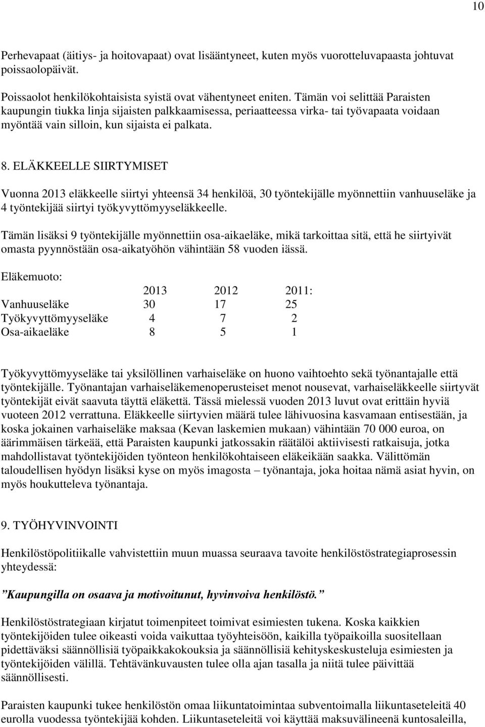 ELÄKKEELLE SIIRTYMISET Vuonna 2013 eläkkeelle siirtyi yhteensä 34 henkilöä, 30 työntekijälle myönnettiin vanhuuseläke ja 4 työntekijää siirtyi työkyvyttömyyseläkkeelle.