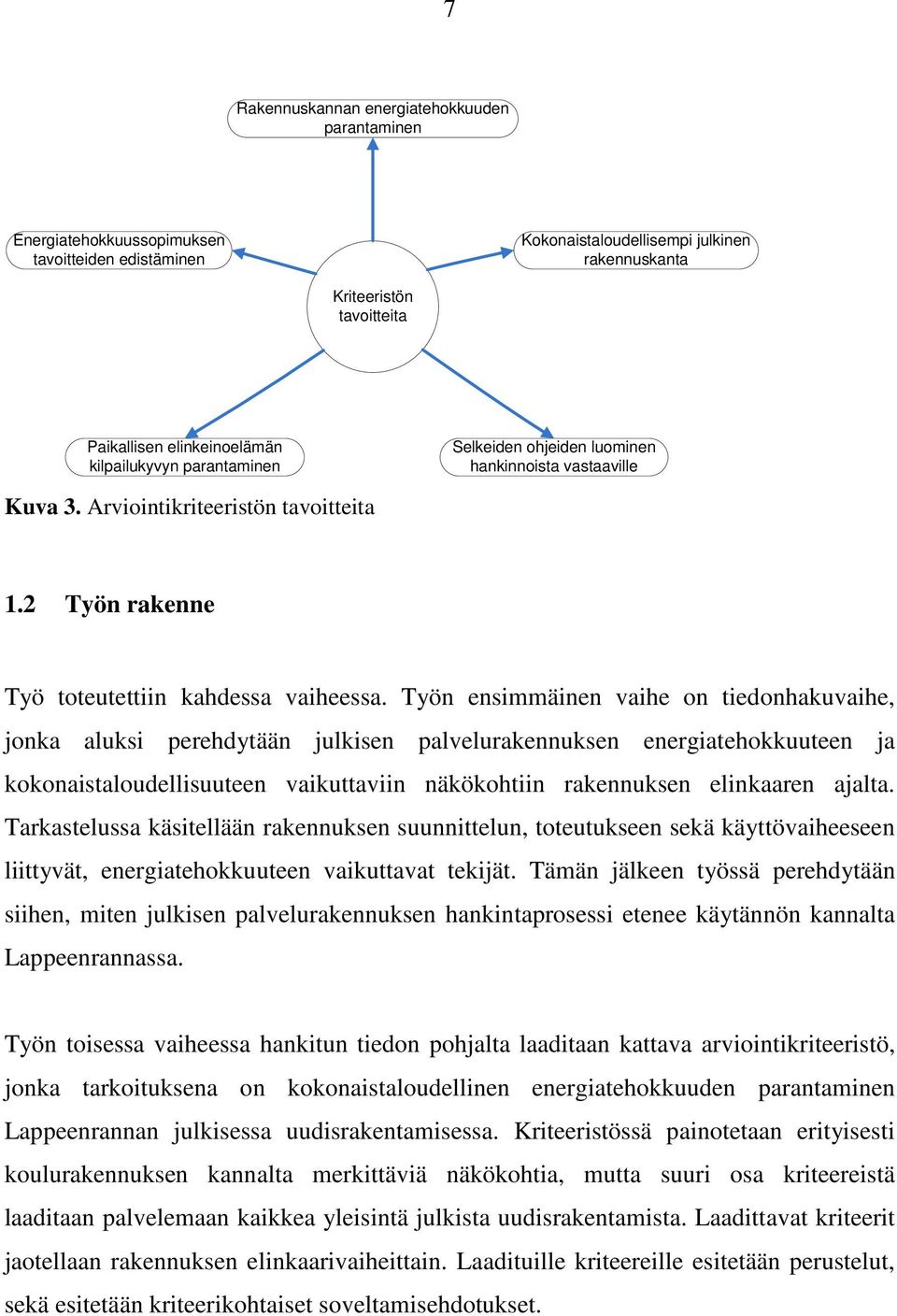 Työn ensimmäinen vaihe on tiedonhakuvaihe, jonka aluksi perehdytään julkisen palvelurakennuksen energiatehokkuuteen ja kokonaistaloudellisuuteen vaikuttaviin näkökohtiin rakennuksen elinkaaren ajalta.