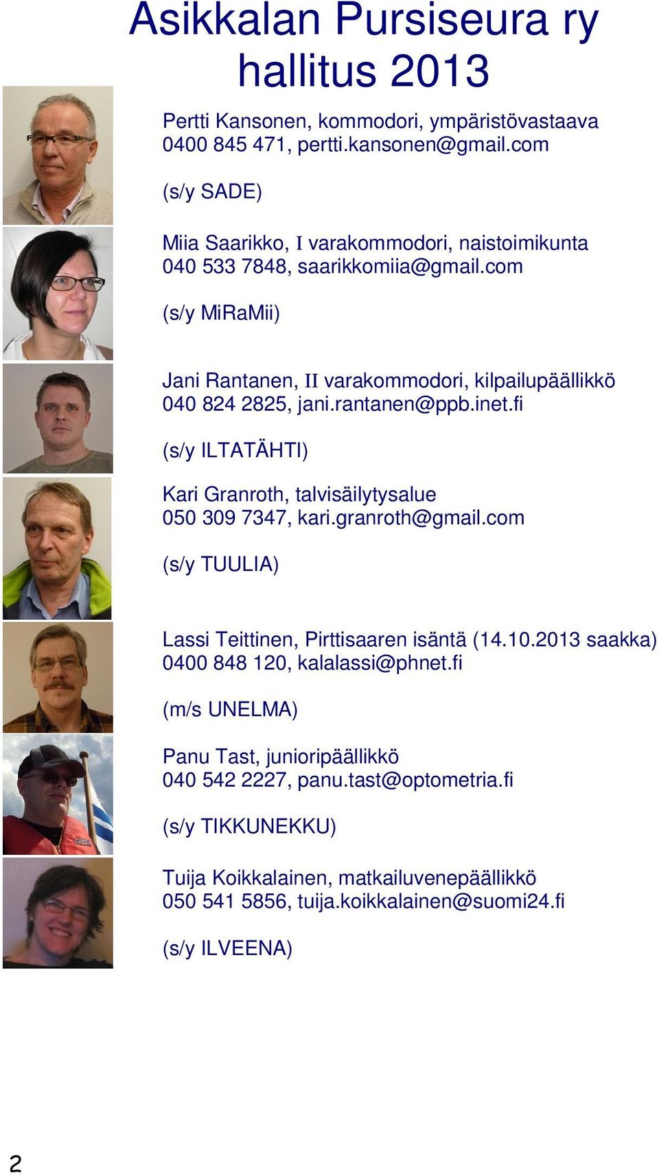 com (s/y MiRaMii) Jani Rantanen, II varakommodori, kilpailupäällikkö 040 824 2825, jani.rantanen@ppb.inet.fi (s/y ILTATÄHTI) Kari Granroth, talvisäilytysalue 050 309 7347, kari.