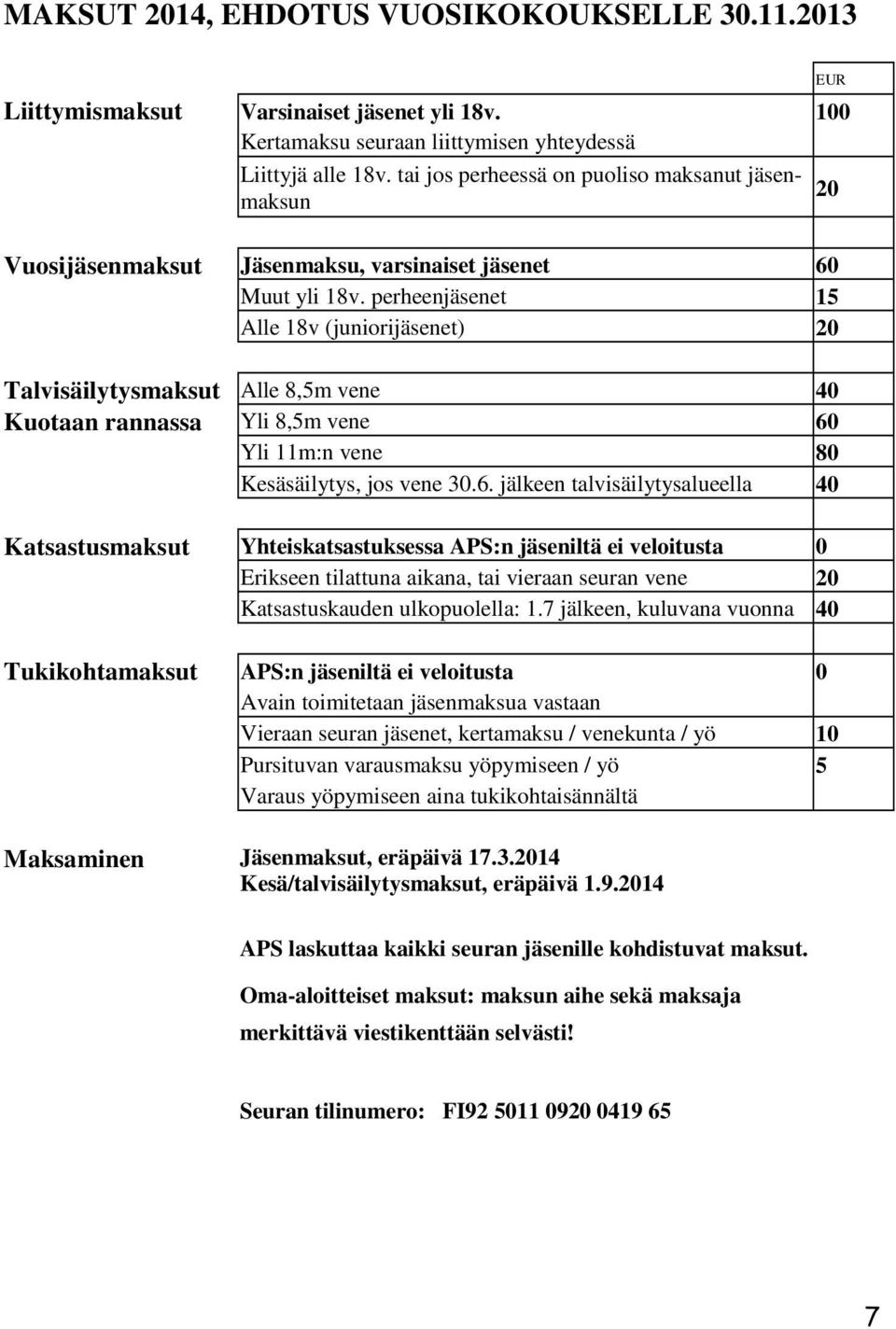 perheenjäsenet 15 Alle 18v (juniorijäsenet) 20 Talvisäilytysmaksut Alle 8,5m vene 40 Kuotaan rannassa Yli 8,5m vene 60