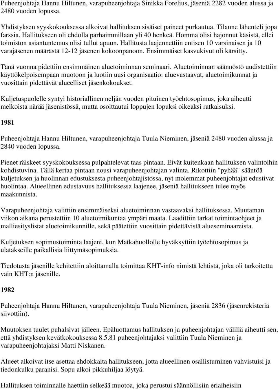 Hallitusta laajennettiin entisen 10 varsinaisen ja 10 varajäsenen määrästä 12-12 jäsenen kokoonpanoon. Ensimmäiset kasvukivut oli kärsitty. Tänä vuonna pidettiin ensimmäinen aluetoiminnan seminaari.