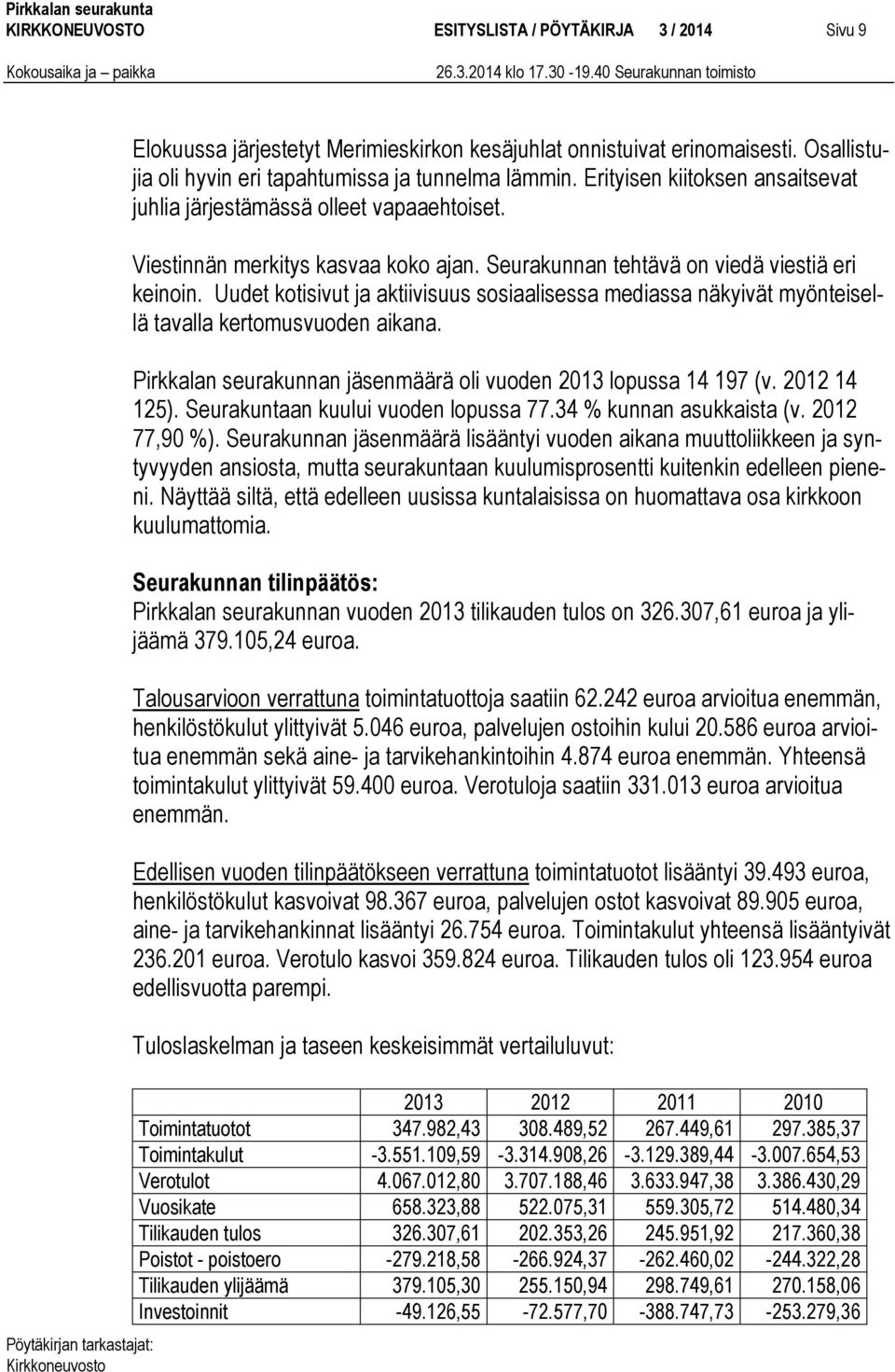 Uudet kotisivut ja aktiivisuus sosiaalisessa mediassa näkyivät myönteisellä tavalla kertomusvuoden aikana. Pirkkalan seurakunnan jäsenmäärä oli vuoden 2013 lopussa 14 197 (v. 2012 14 125).