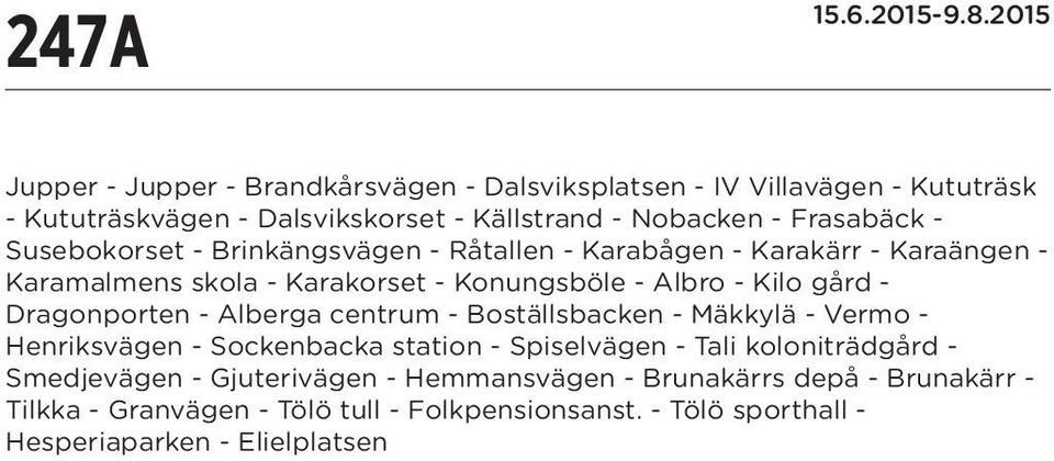 gård - Dragonporten - Alberga centrum - Boställsbacken - Mäkkylä - Vermo - Henriksvägen - Sockenbacka station - Spiselvägen - Tali koloniträdgård -