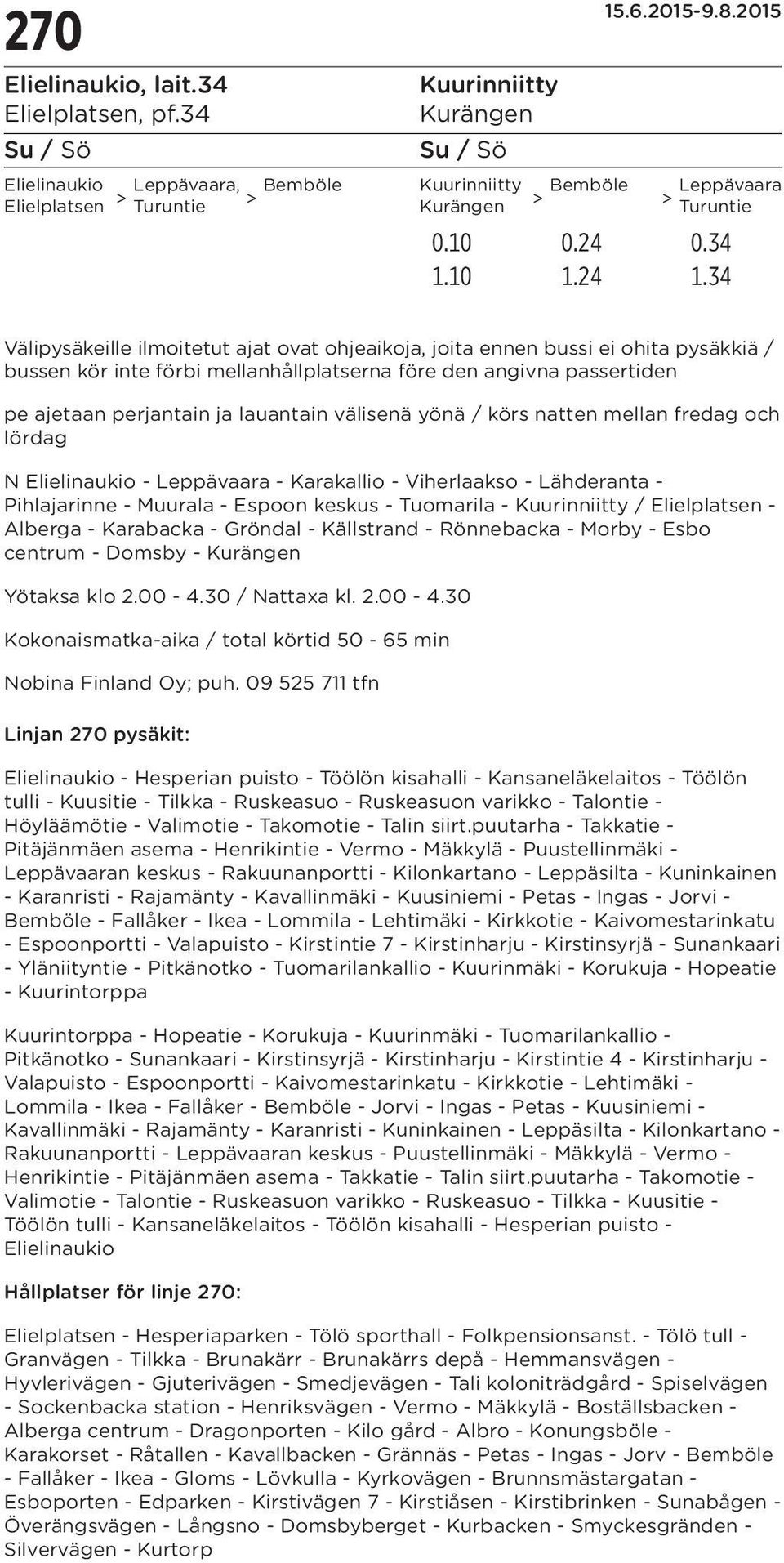 välisenä yönä / körs natten mellan fredag och lördag N - Leppävaara - Karakallio - Viherlaakso - Lähderanta - Pihlajarinne - Muurala - Espoon keskus - Tuomarila - Kuurinniitty / - Alberga - Karabacka
