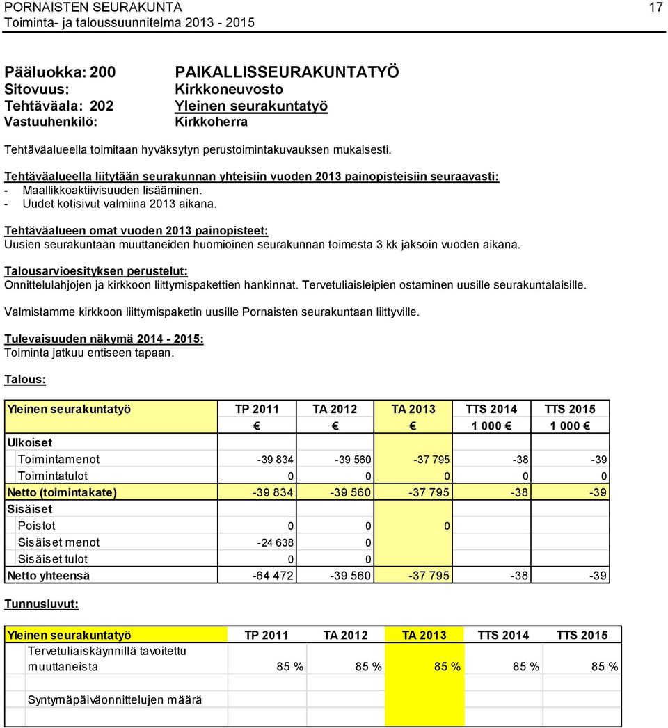 Tehtäväalueen omat vuoden 2013 painopisteet: Uusien seurakuntaan muuttaneiden huomioinen seurakunnan toimesta 3 kk jaksoin vuoden aikana.