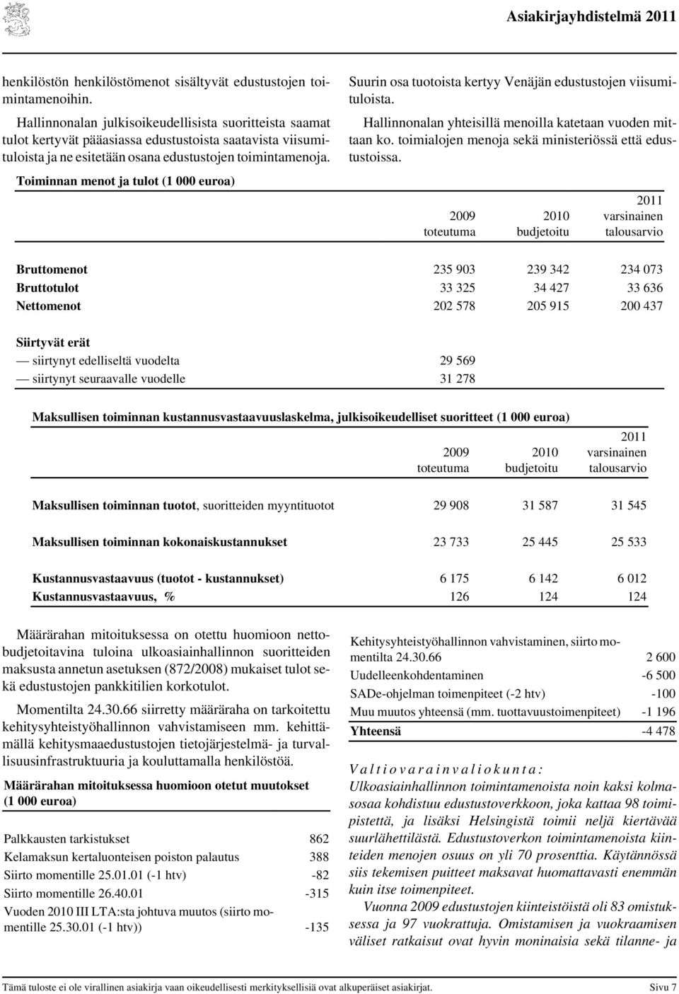 Suurin osa tuotoista kertyy Venäjän edustustojen viisumituloista. Hallinnonalan yhteisillä menoilla katetaan vuoden mittaan ko. toimialojen menoja sekä ministeriössä että edustustoissa.