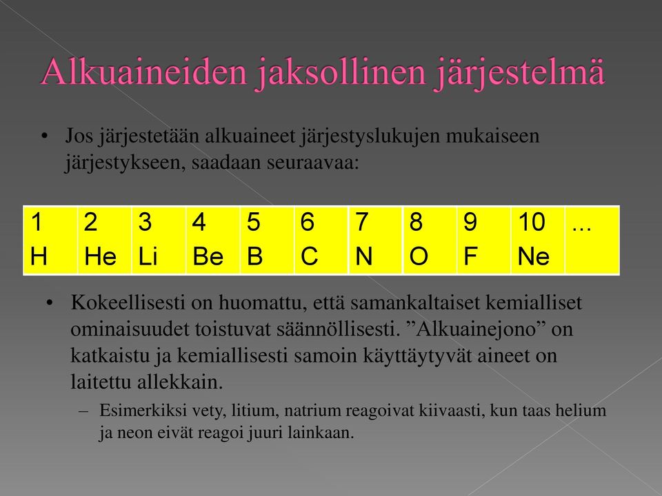 .. Kokeellisesti on huomattu, että samankaltaiset kemialliset ominaisuudet toistuvat säännöllisesti.