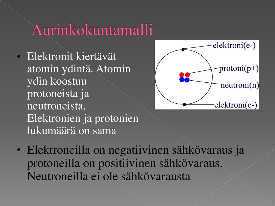 Elektronien ja protonien lukumäärä on sama Elektroneilla on