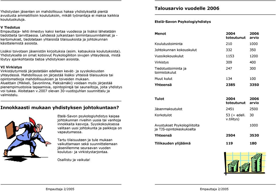 Lehdessä julkaistaan toimintasuunnitelmat ja - kertomukset, tiedotetaan yhteisistä tilaisuuksista ja johtokunnan käsittelemistä asioista. Lisäksi toivotaan jäsenistön kirjoituksia (esim.
