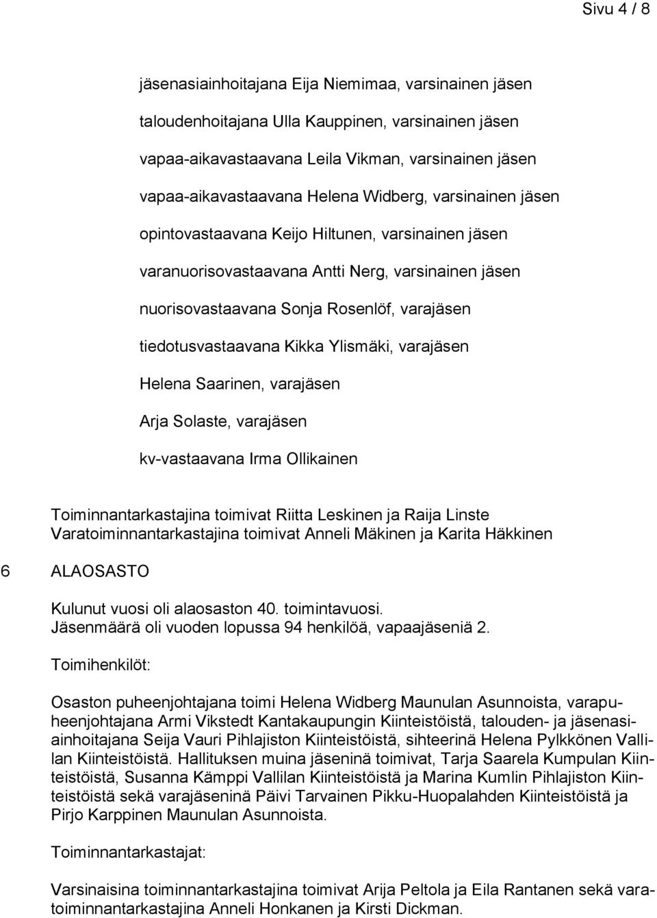 Ylismäki, varajäsen Helena Saarinen, varajäsen Arja Solaste, varajäsen kv-vastaavana Irma Ollikainen Toiminnantarkastajina toimivat Riitta Leskinen ja Raija Linste Varatoiminnantarkastajina toimivat