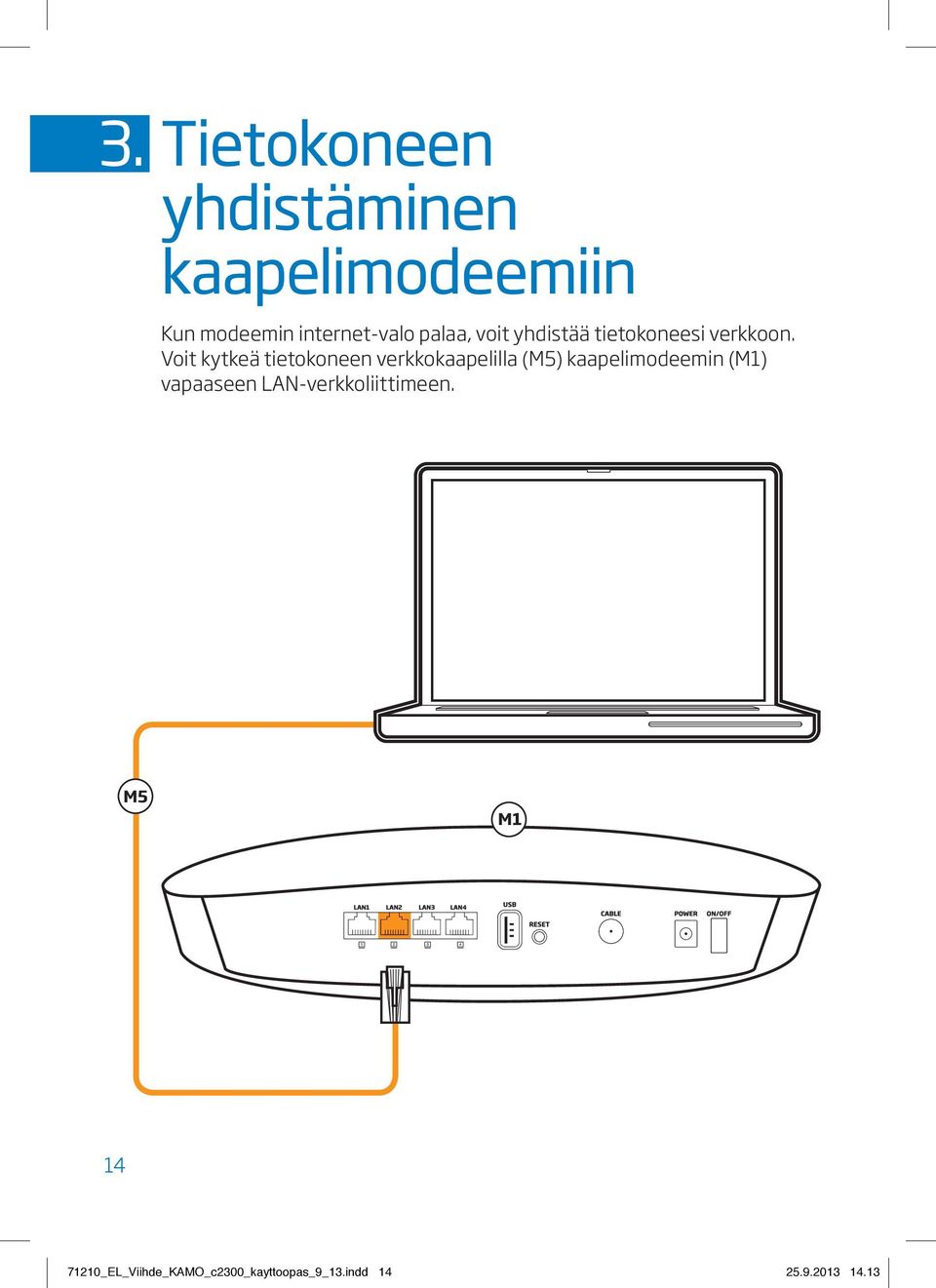 Voit kytkeä tietokoneen verkkokaapelilla (M5) kaapelimodeemin (M1)