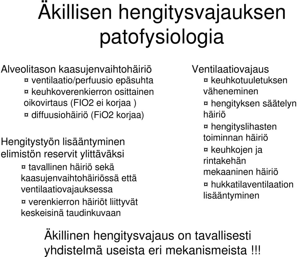 ventilaatiovajauksessa verenkierron häiriöt liittyvät keskeisinä taudinkuvaan Ventilaatiovajaus keuhkotuuletuksen väheneminen hengityksen säätelyn häiriö