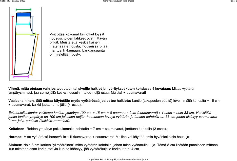 Vihreä, mitta otetaan vain jos teet eteen tai sivuille halkiot ja nyöritykset kuten kohdassa 4 kuvataan: Mittaa vyötärön ympärysmittasi, jaa se neljällä koska housuihin tulee neljä osaa. Muista!