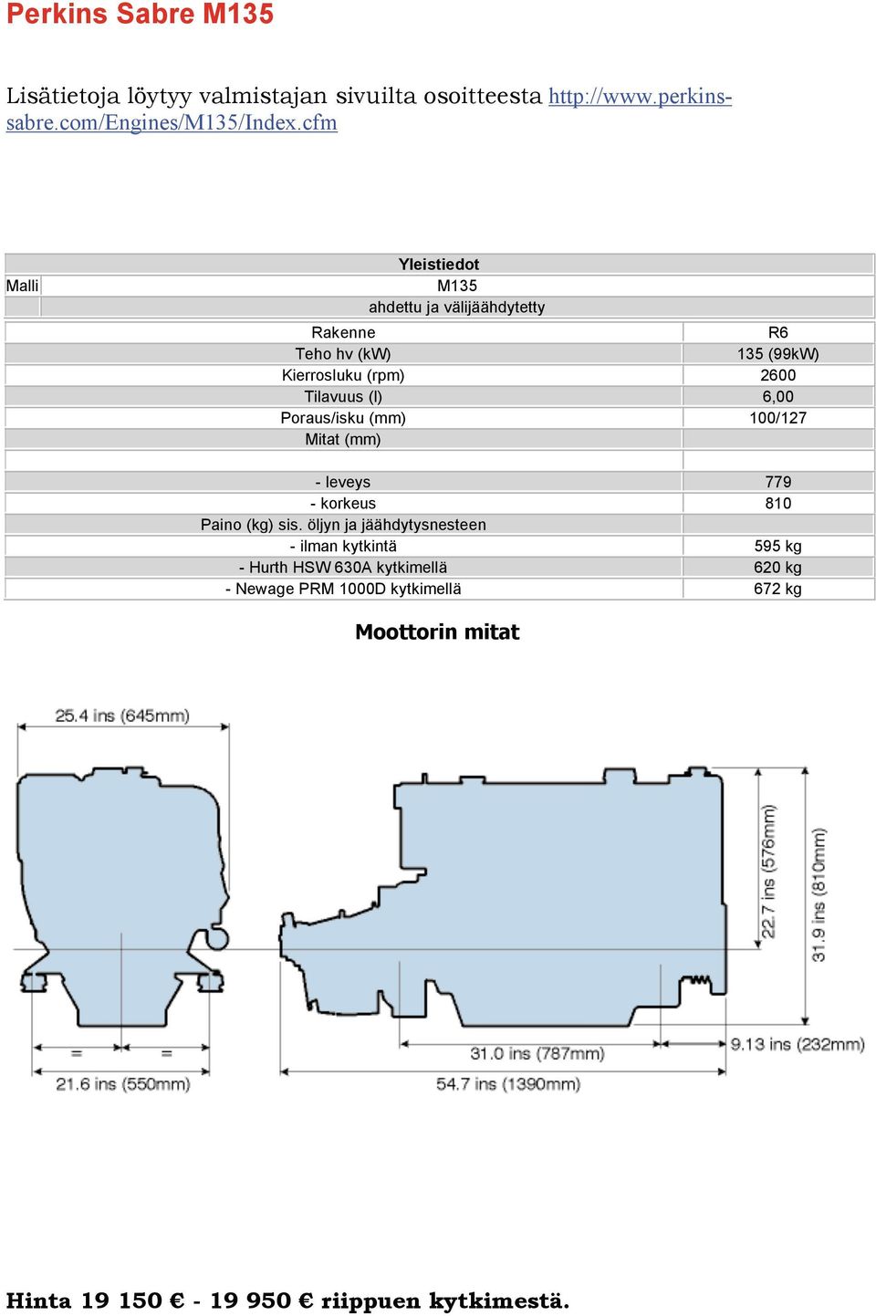 cfm M135 Teho hv (kw) 135 (99kW) Kierrosluku (rpm) 2600 - ilman kytkintä
