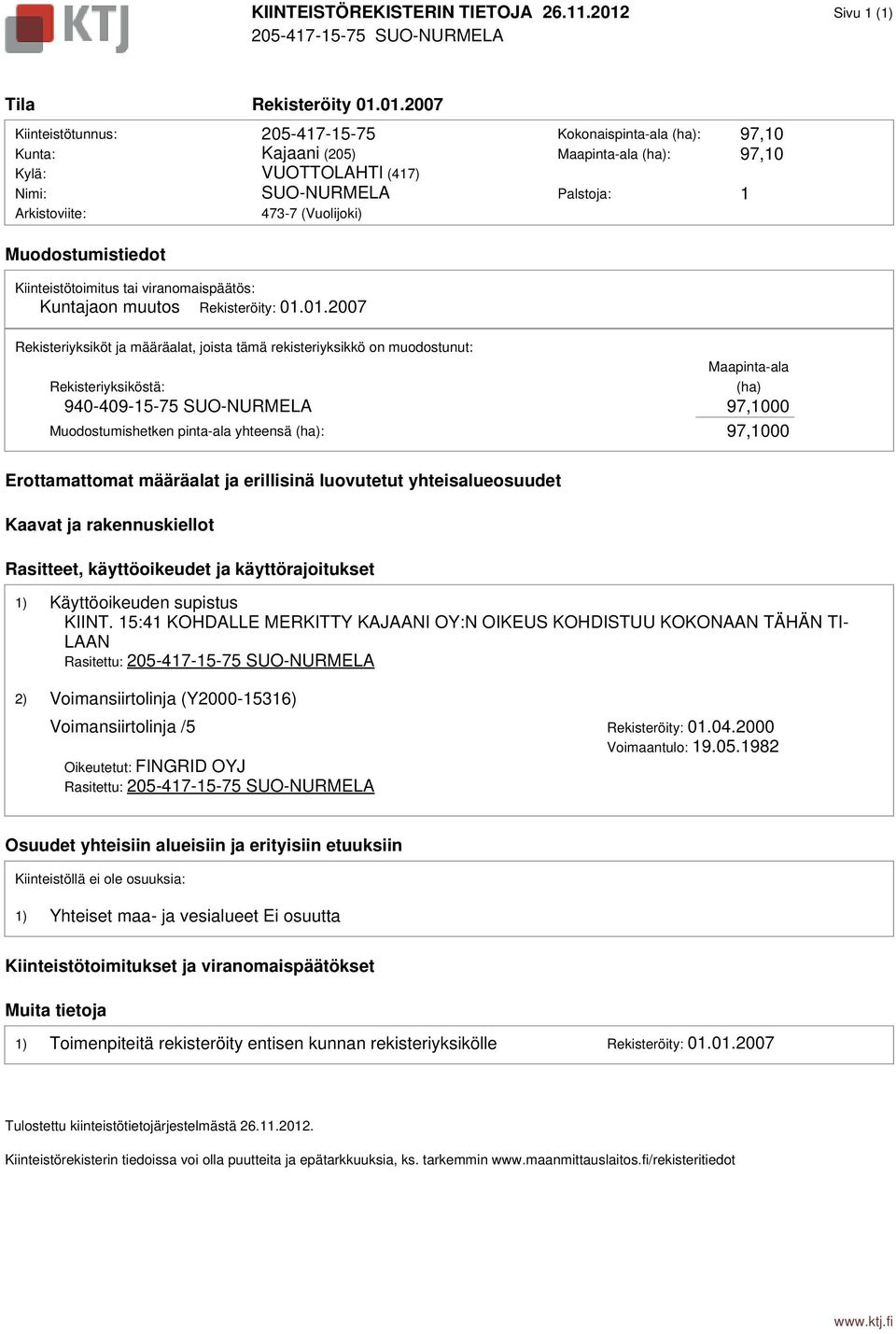 01.2007 Kiinteistötunnus: 205-417-15-75 Kokonaispinta-ala (ha): 97,10 Kunta: Kajaani (205) Maapinta-ala (ha): 97,10 Kylä: VUOTTOLAHTI (417) Nimi: SUO-NURMELA Palstoja: 1 Arkistoviite: 473-7