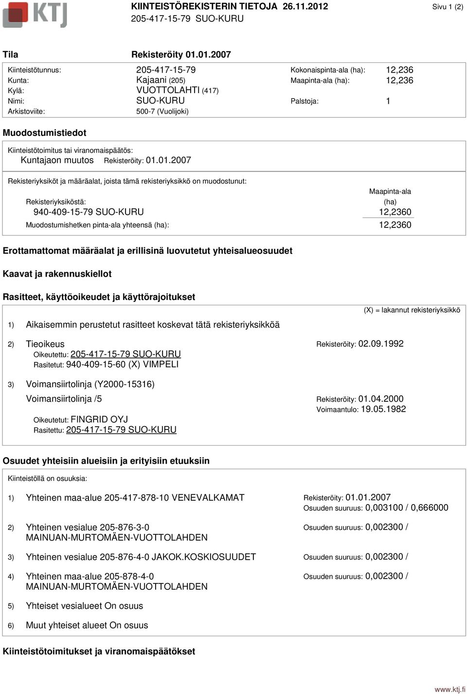 01.2007 Kiinteistötunnus: 205-417-15-79 Kokonaispinta-ala (ha): 12,236 Kunta: Kajaani (205) Maapinta-ala (ha): 12,236 Kylä: VUOTTOLAHTI (417) Nimi: SUO-KURU Palstoja: 1 Arkistoviite: 500-7