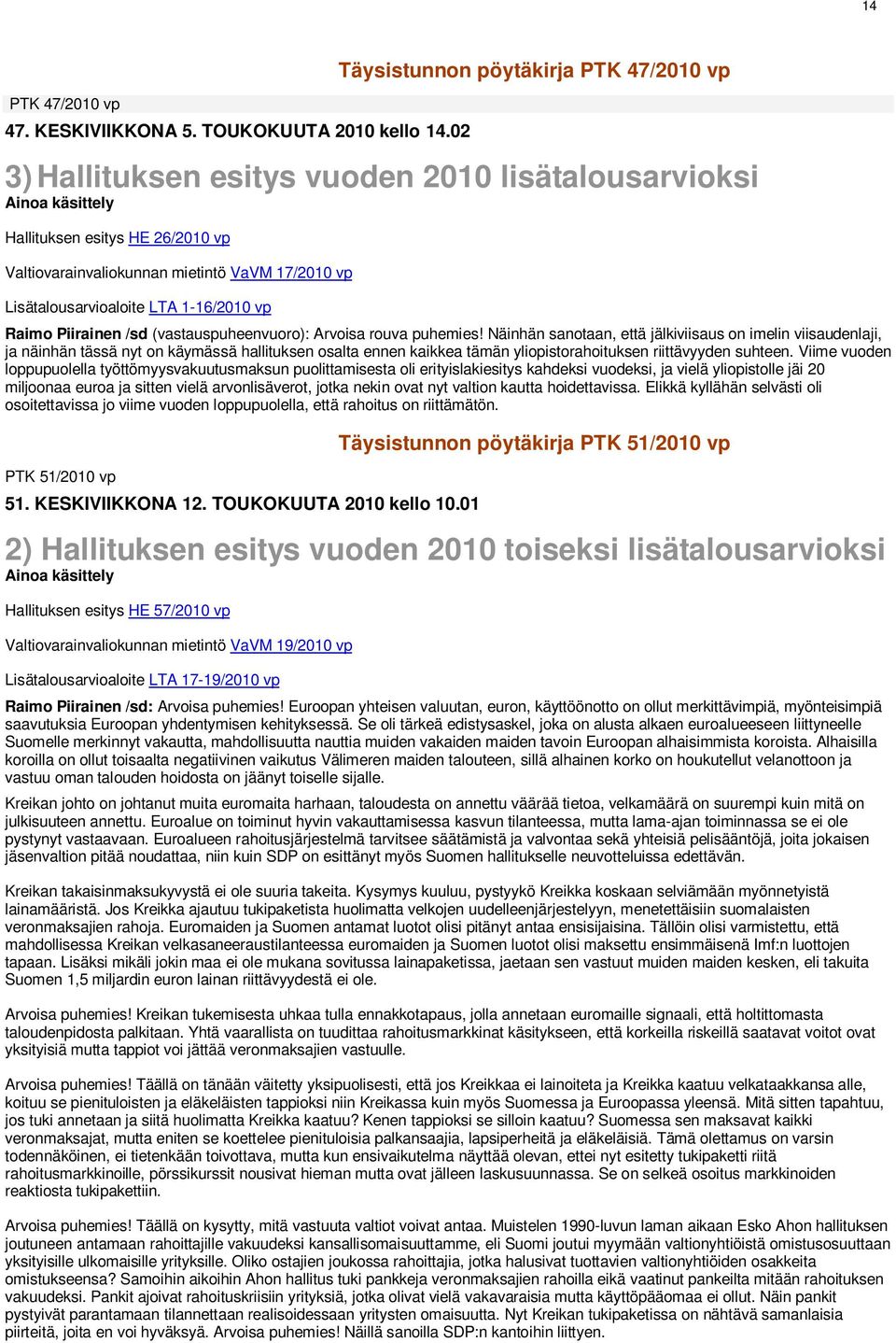 Lisätalousarvioaloite LTA 1-16/2010 vp Raimo Piirainen /sd (vastauspuheenvuoro): Arvoisa rouva puhemies!