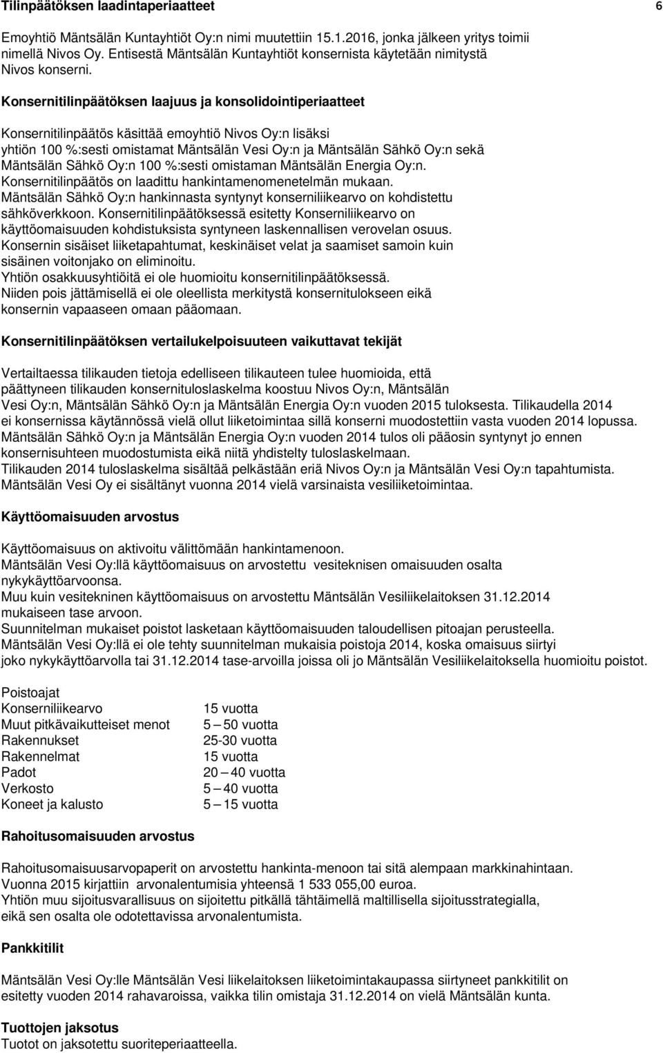 Konsernitilinpäätöksen laajuus ja konsolidointiperiaatteet Konsernitilinpäätös käsittää emoyhtiö Nivos Oy:n lisäksi yhtiön 100 %:sesti omistamat Mäntsälän Vesi Oy:n ja Mäntsälän Sähkö Oy:n sekä