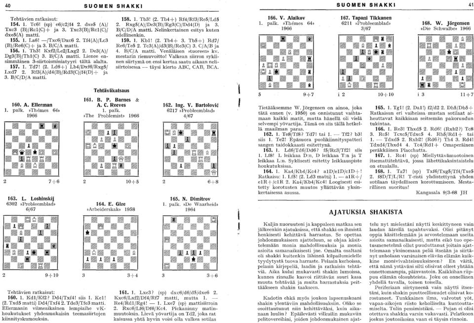 Ld6+) Lb4jDxf6jRxg5j Lxd7 2. Rf3(A)jd4(B)jRd3(C)/f4(D)+ ja 3. B/CjD/A matti. 160. A. Ellerman 1. palko "Themes 64~ 1966 2 163. L. Loshinskij 6302 "Probleemblad" 6j67 9+10 Tehtävien ratkaisut: 160. 1. Kd1/Kf2?