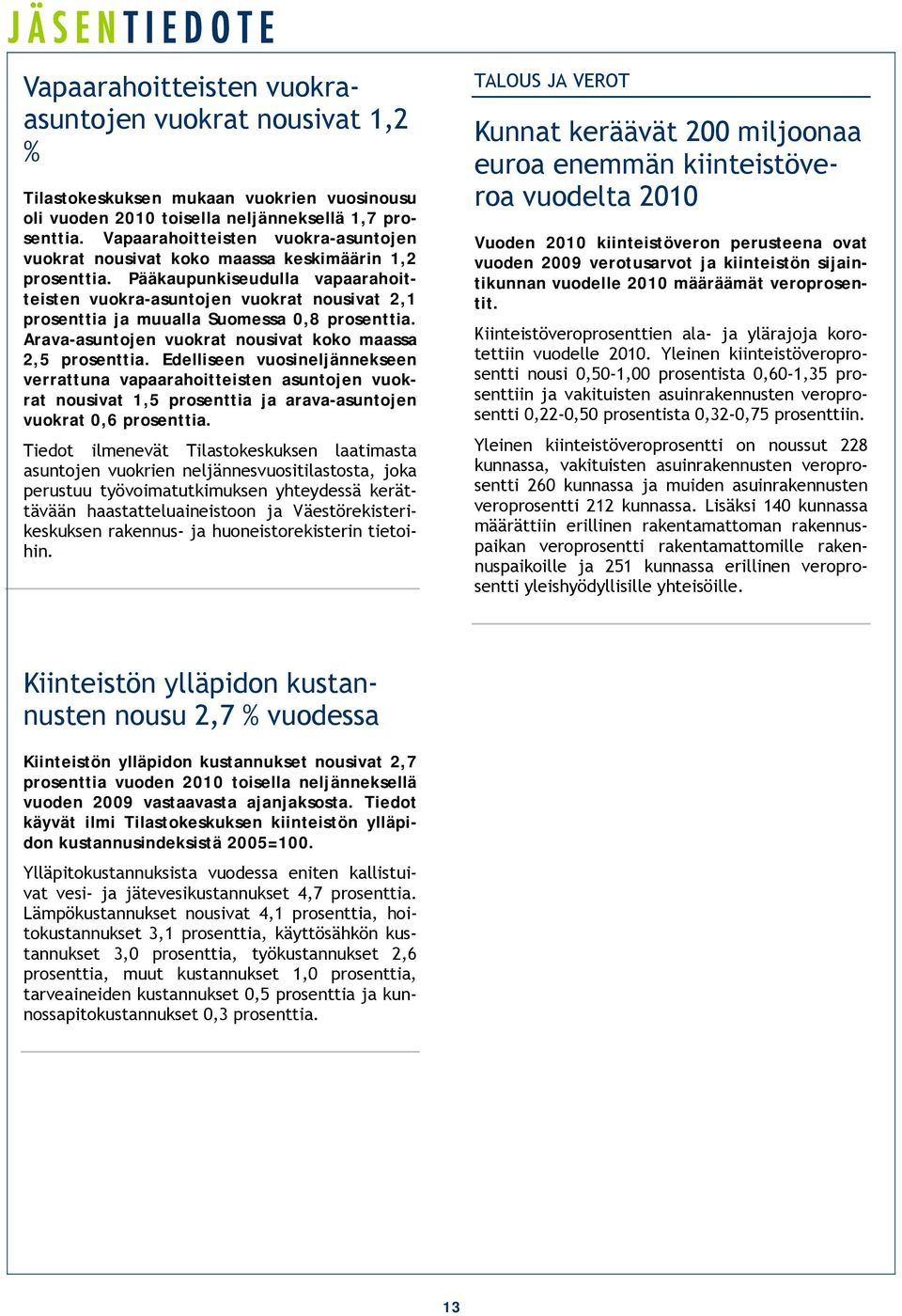 Pääkaupunkiseudulla vapaarahoitteisten vuokra-asuntojen vuokrat nousivat 2,1 prosenttia ja muualla Suomessa 0,8 prosenttia. Arava-asuntojen vuokrat nousivat koko maassa 2,5 prosenttia.