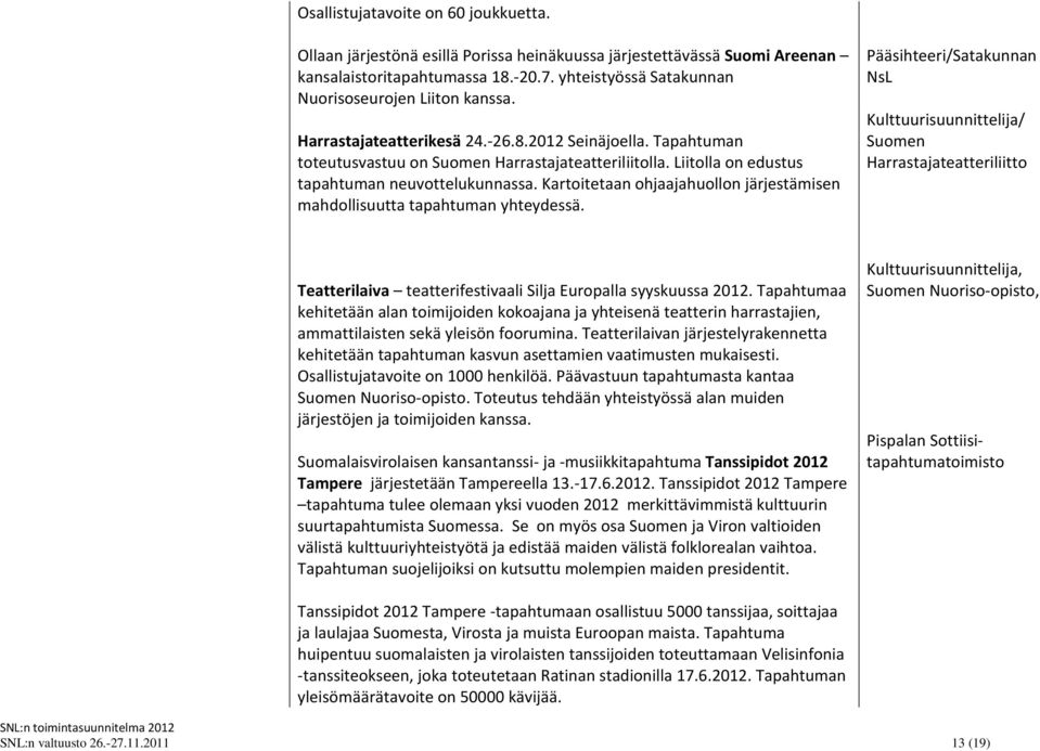 Liitolla on edustus tapahtuman neuvottelukunnassa. Kartoitetaan ohjaajahuollon järjestämisen mahdollisuutta tapahtuman yhteydessä.