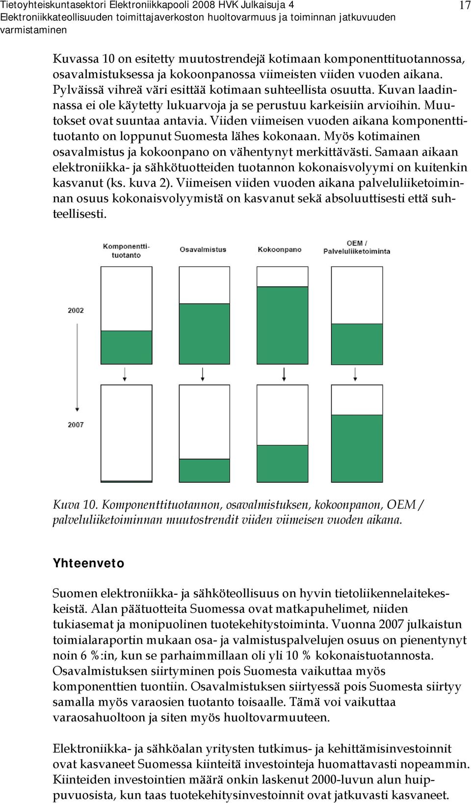 Viiden viimeisen vuoden aikana komponenttituotanto on loppunut Suomesta lähes kokonaan. Myös kotimainen osavalmistus ja kokoonpano on vähentynyt merkittävästi.