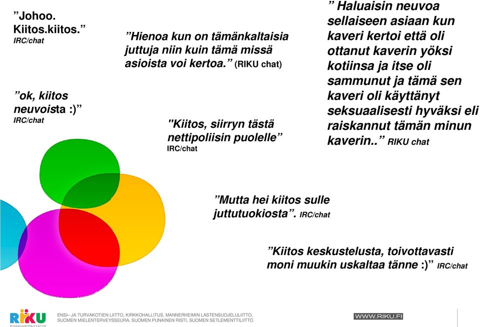 (RIKU chat) "Kiitos, siirryn tästä nettipoliisin puolelle IRC/chat Haluaisin neuvoa sellaiseen asiaan kun kaveri kertoi että oli ottanut