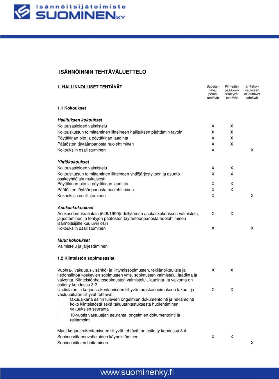 huolehtiminen Kokouksiin osallistuminen Yhtiökokoukset Kokousasioiden valmistelu Kokouskutsun toimittaminen liitteineen yhtiöjärjestyksen ja asuntoosakeyhtiölain mukaisesti Pöytäkirjan pito ja