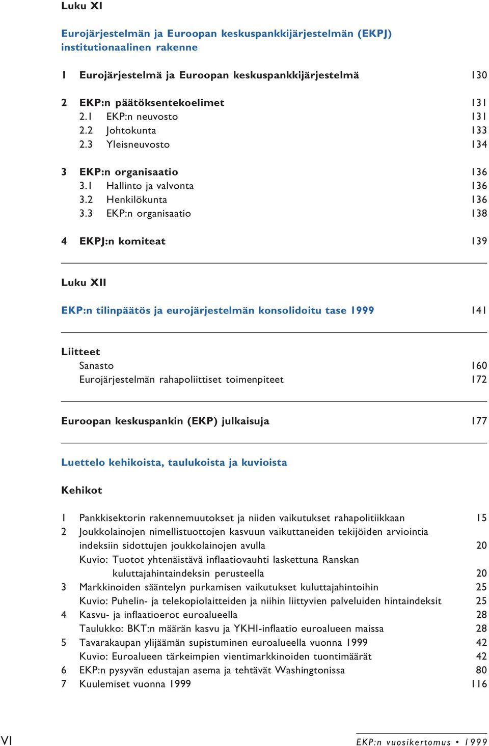 3 EKP:n organisaatio 138 4 EKPJ:n komiteat 139 Luku XII EKP:n tilinpäätös ja eurojärjestelmän konsolidoitu tase 1999 141 Liitteet Sanasto 160 Eurojärjestelmän rahapoliittiset toimenpiteet 172