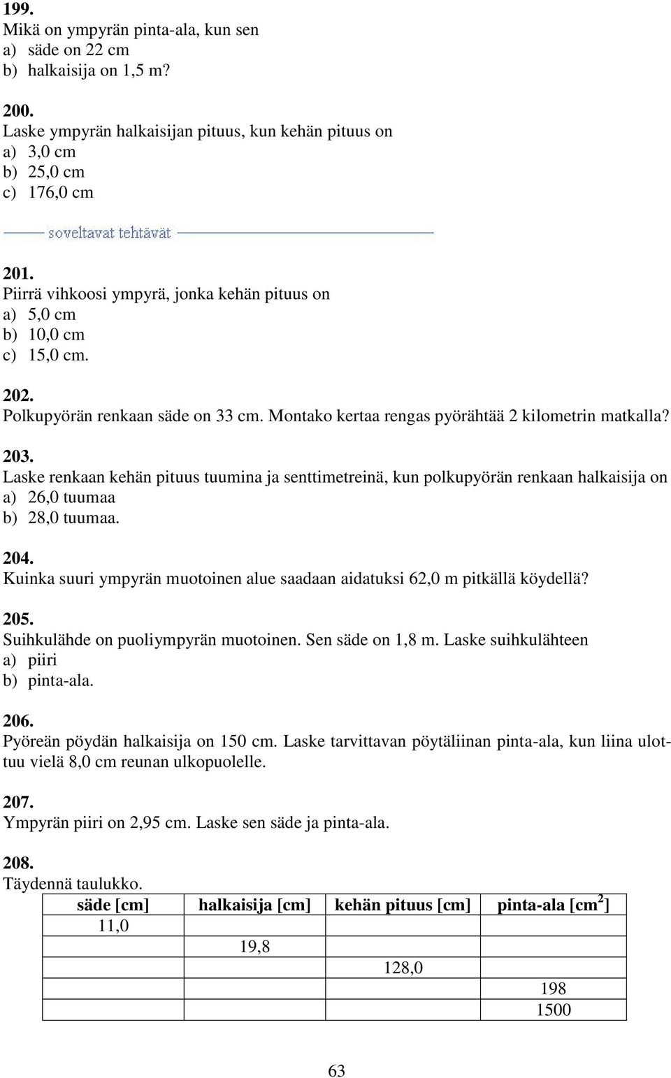 Laske renkaan kehän pituus tuumina ja senttimetreinä, kun polkupyörän renkaan halkaisija on a) 6,0 tuumaa b) 8,0 tuumaa. 04.