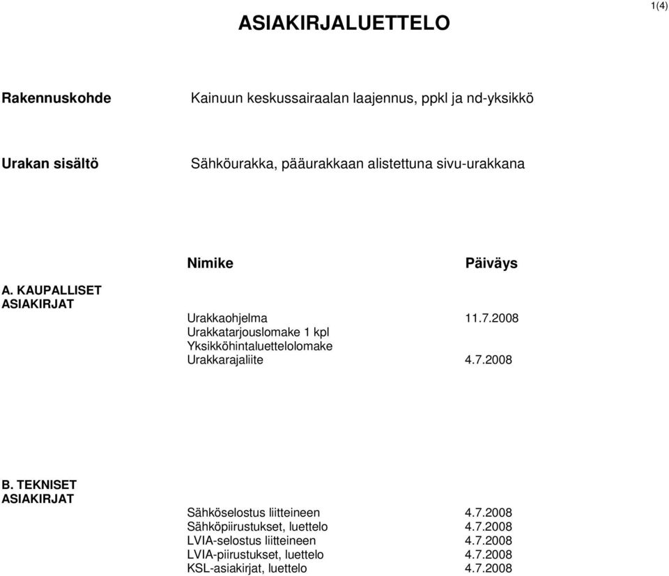 2008 Urakkatarjouslomake 1 kpl Yksikköhintaluettelolomake Urakkarajaliite 4.7.2008 B.