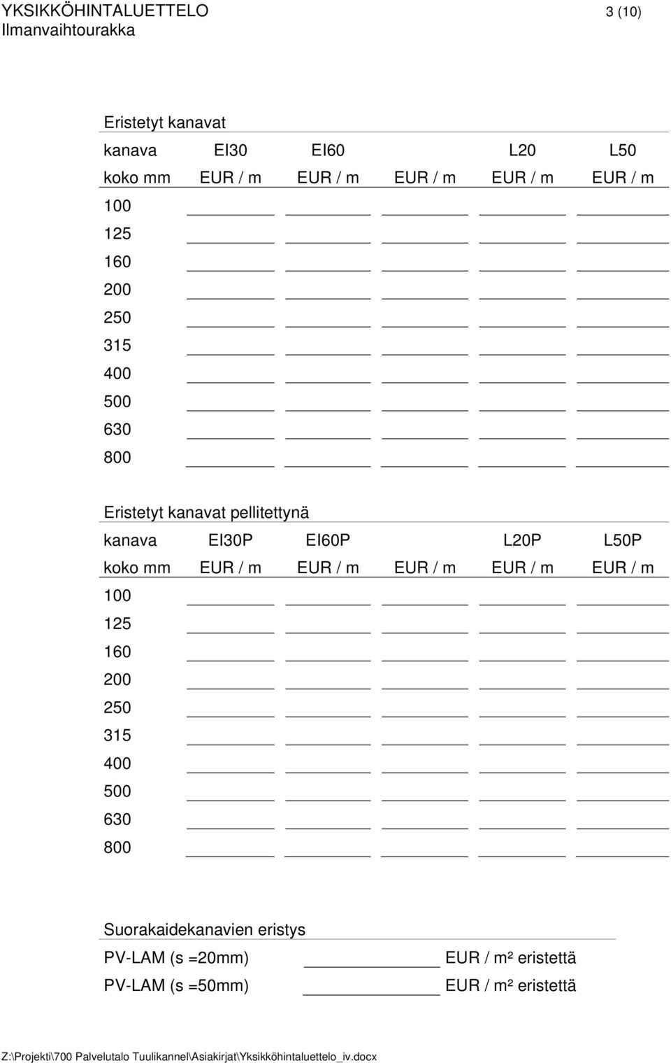 pellitettynä kanava EI30P EI60P L20P L50P koko mm EUR / m EUR / m EUR /