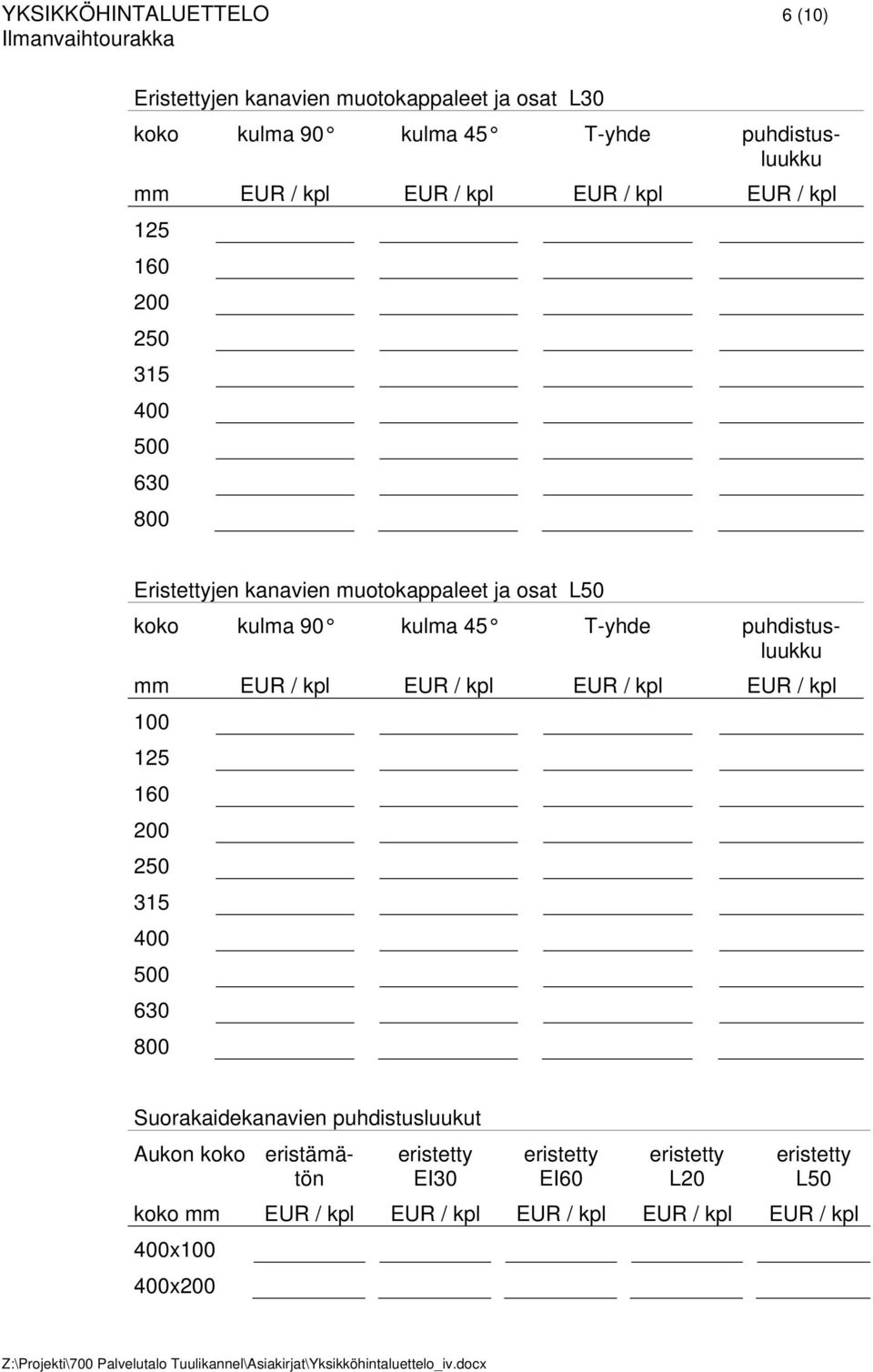 osat L50 mm EUR / EUR / EUR / EUR / Suorakaidekanavien puhdistusluukut