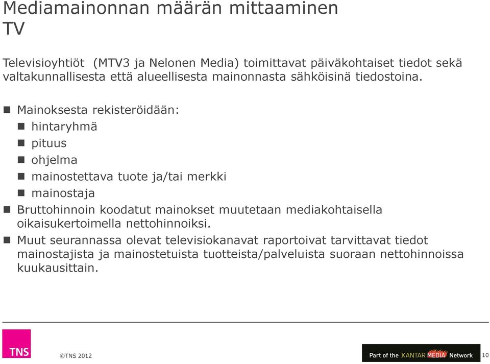 Mainoksesta rekisteröidään: hintaryhmä pituus ohjelma mainostettava tuote ja/tai merkki mainostaja Bruttohinnoin koodatut mainokset