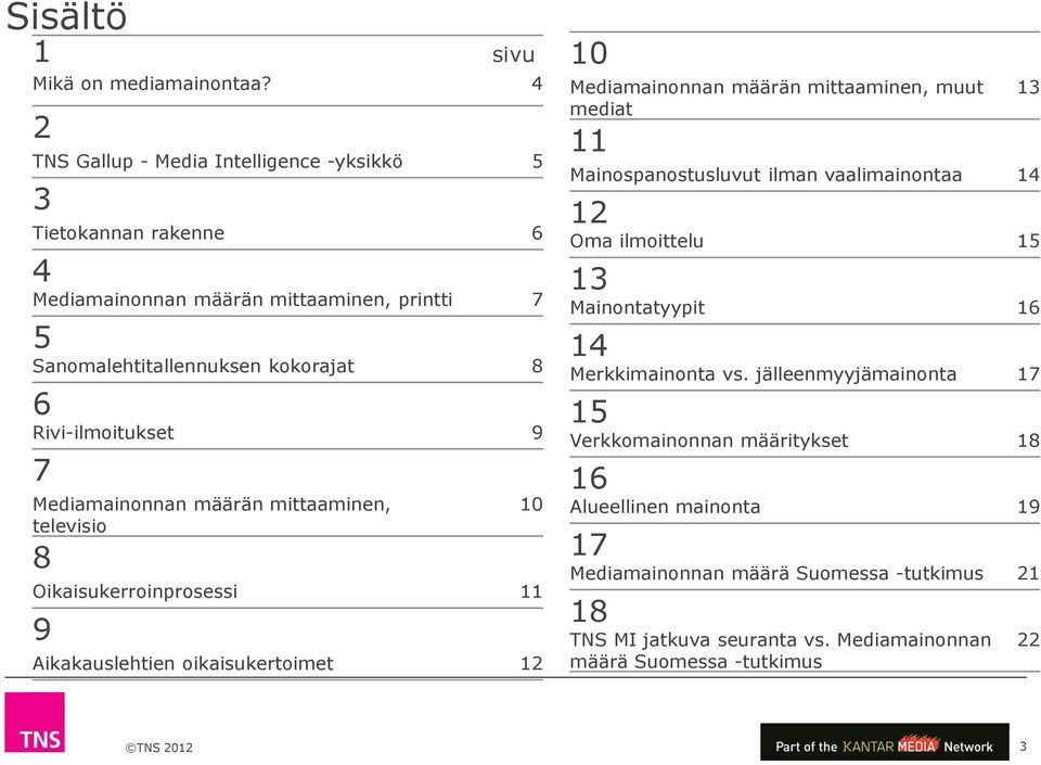 9 7 Mediamainonnan määrän mittaaminen, televisio 8 Oikaisukerroinprosessi 11 9 Aikakauslehtien oikaisukertoimet 12 10 10 Mediamainonnan määrän mittaaminen, muut mediat 11