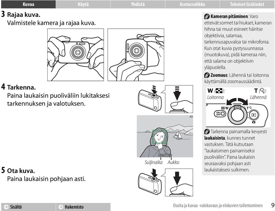 Kun otat kuvia pystysuunnassa (muotokuva), pidä kameraa niin, että salama on objektiivin yläpuolella. Zoomaus: Lähennä tai loitonna käyttämällä zoomaussäädintä.