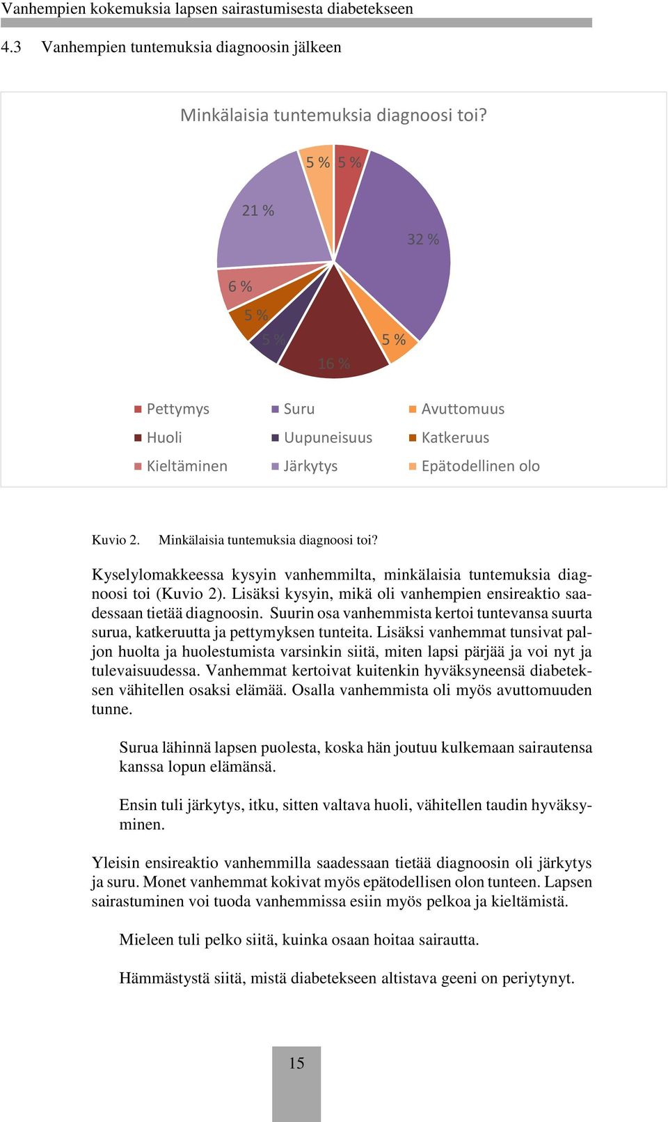 Kyselylomakkeessa kysyin vanhemmilta, minkälaisia tuntemuksia diagnoosi toi (Kuvio 2). Lisäksi kysyin, mikä oli vanhempien ensireaktio saadessaan tietää diagnoosin.