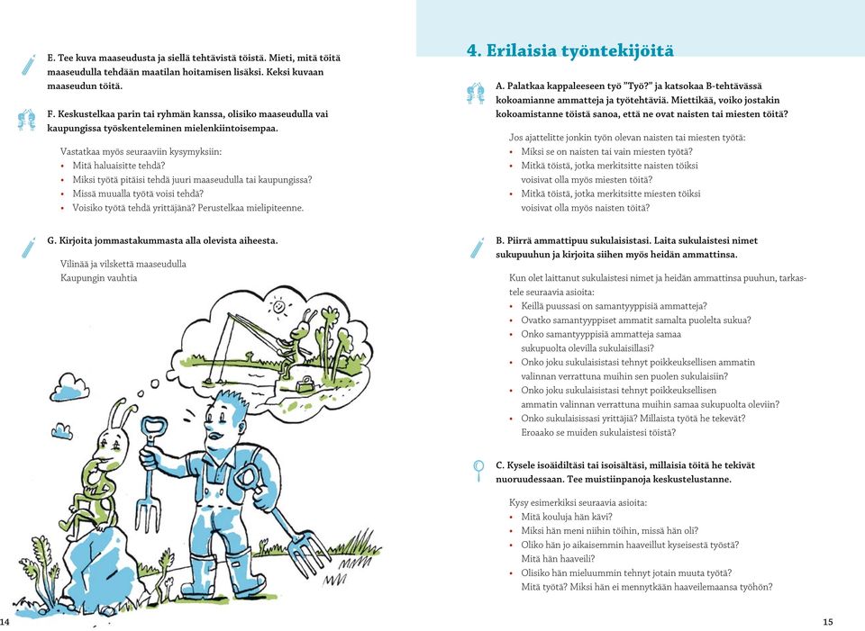 Miksi työtä pitäisi tehdä juuri maaseudulla tai kaupungissa? Missä muualla työtä voisi tehdä? Voisiko työtä tehdä yrittäjänä? Perustelkaa mielipiteenne. 4. Erilaisia työntekijöitä A.