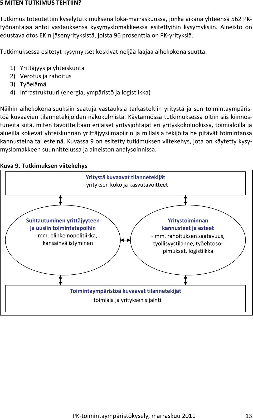 Tutkimuksessa esitetyt kysymykset koskivat neljää laajaa aihekokonaisuutta: ) Yrittäjyys ja yhteiskunta ) Verotus ja rahoitus 3) Työelämä 4) Infrastruktuuri (energia, ympäristö ja logistiikka) Näihin