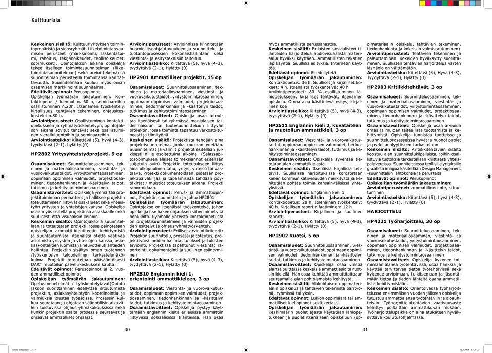 Suunnitelmaan kuuluu myös oman osaamisen markkinointisuunnitelma. Kontaktiopetus / luennot n. 60 h, seminaareihin osallistuminen n.20h.