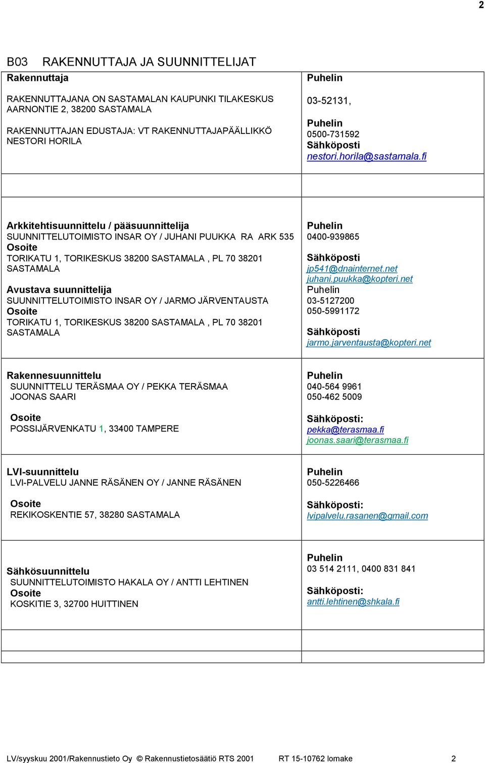 fi Arkkitehtisuunnittelu / pääsuunnittelija SUUNNITTELUTOIMISTO INSAR OY / JUHANI PUUKKA RA ARK 535 Osoite TORIKATU 1, TORIKESKUS 38200 SASTAMALA, PL 70 38201 SASTAMALA Avustava suunnittelija