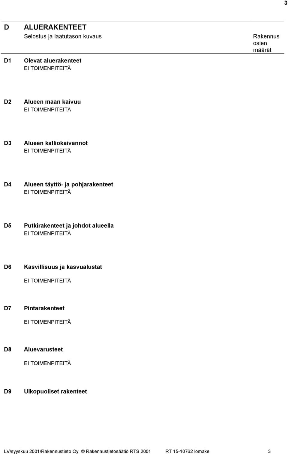 alueella D6 Kasvillisuus ja kasvualustat D7 Pintarakenteet D8 Aluevarusteet D9