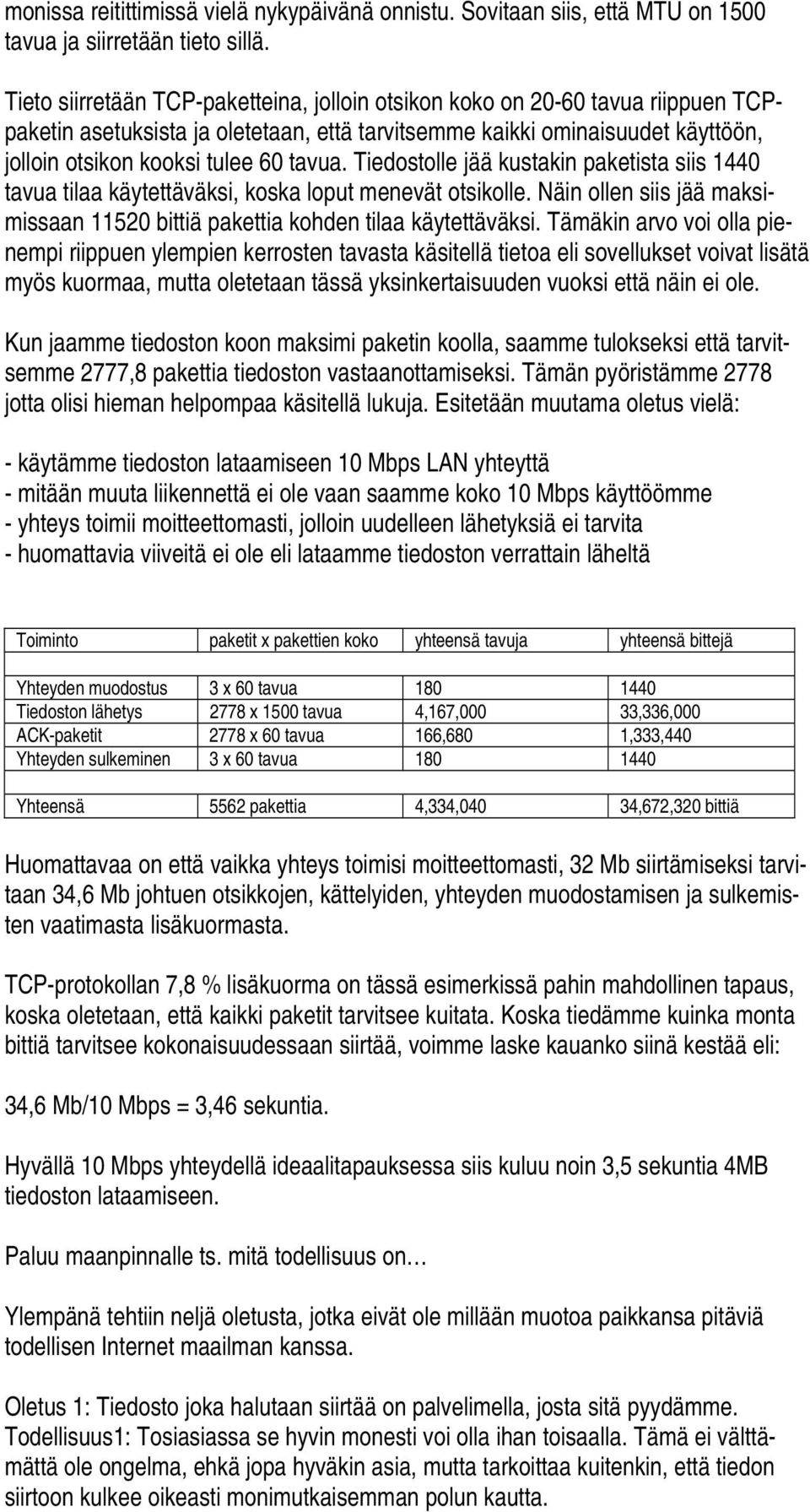 Tiedostolle jää kustakin paketista siis 1440 tavua tilaa käytettäväksi, koska loput menevät otsikolle. Näin ollen siis jää maksimissaan 11520 bittiä pakettia kohden tilaa käytettäväksi.