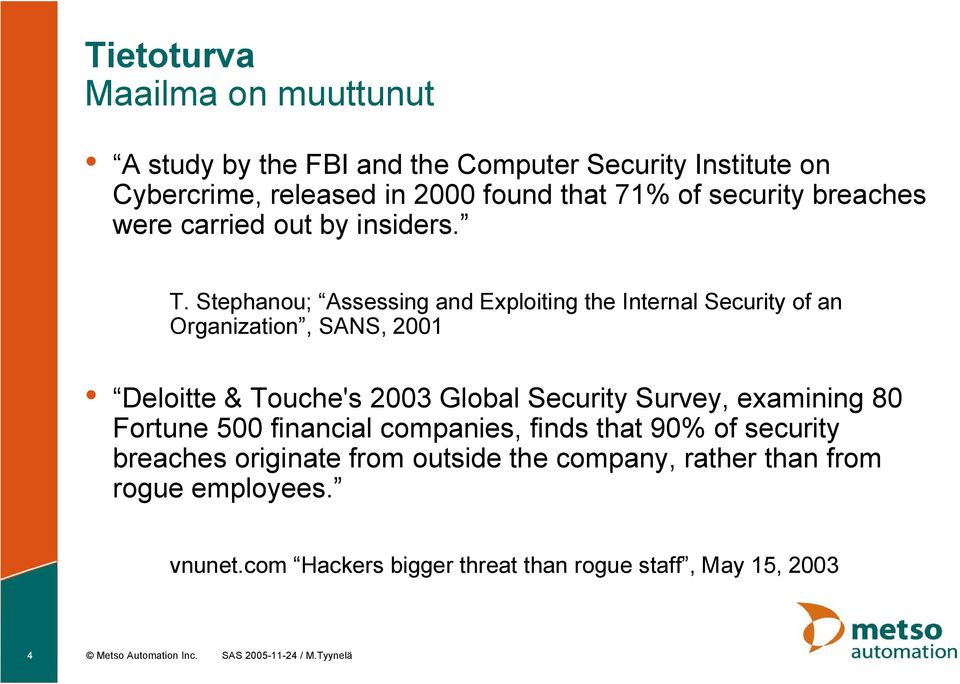 Stephanou; Assessing and Exploiting the Internal Security of an Organization, SANS, 2001 Deloitte & Touche's 2003 Global Security Survey, examining