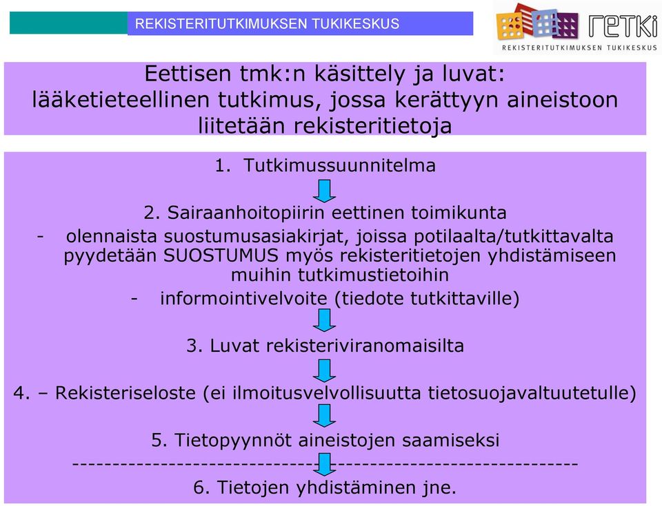 yhdistämiseen muihin tutkimustietoihin - informointivelvoite (tiedote tutkittaville) 3. Luvat rekisteriviranomaisilta 4.