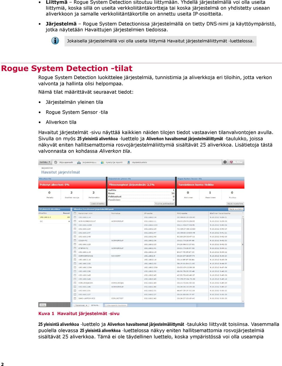 useita IP osoitteita. Järjestelmä Rogue System Detectionissa järjestelmällä on tietty DNS nimi ja käyttöympäristö, jotka näytetään Havaittujen järjestelmien tiedoissa.