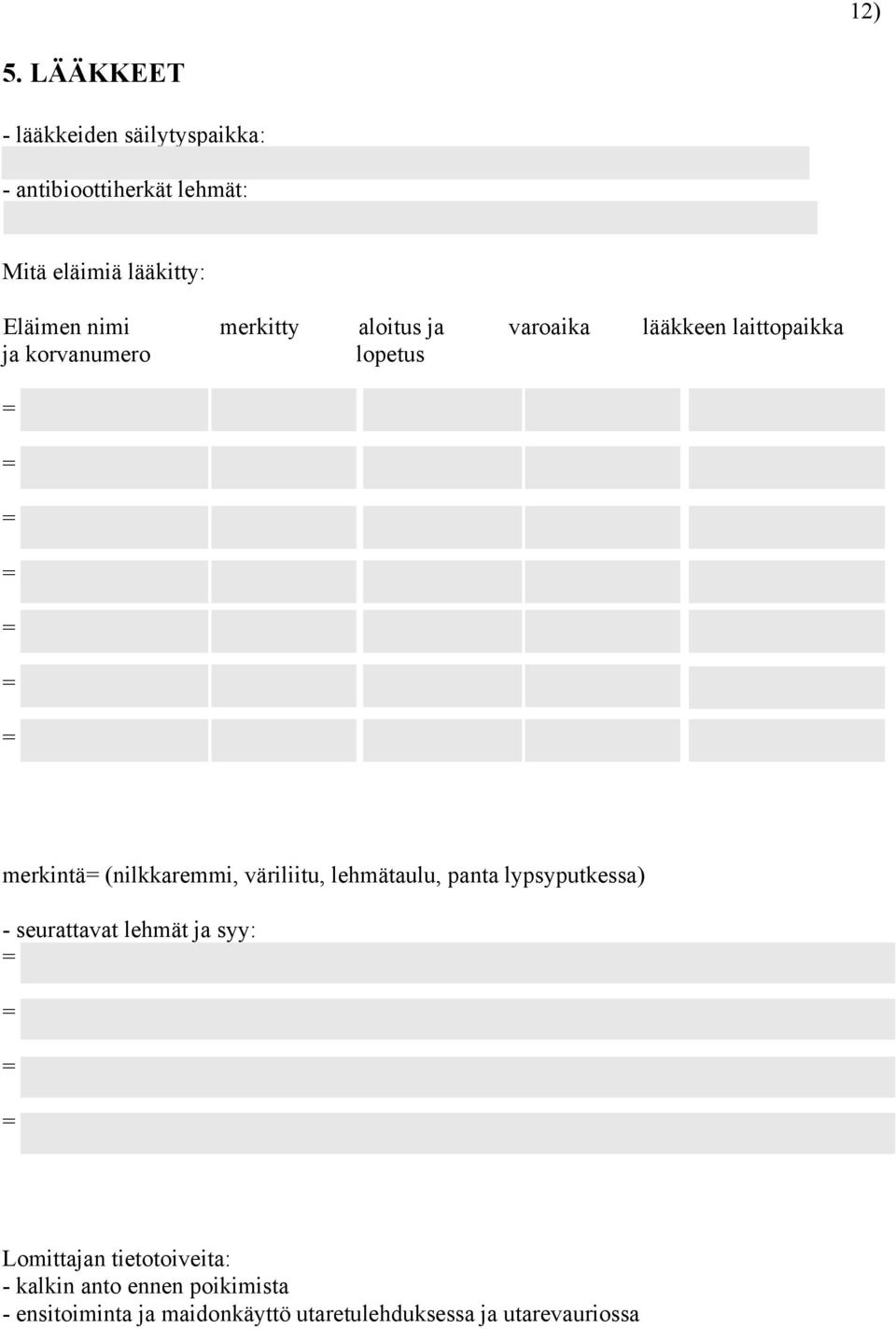 nimi merkitty aloitus ja varoaika lääkkeen laittopaikka ja korvanumero lopetus merkintä