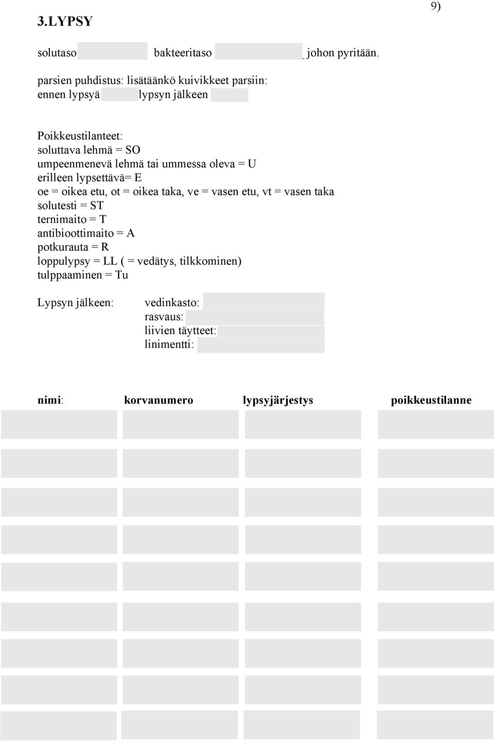 umpeenmenevä lehmä tai ummessa oleva U erilleen lypsettävä E oe oikea etu, ot oikea taka, ve vasen etu, vt vasen taka solutesti