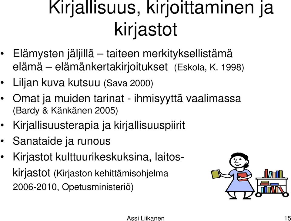 1998) Liljan kuva kutsuu (Sava 2000) Omat ja muiden tarinat - ihmisyyttä vaalimassa (Bardy & Känkänen